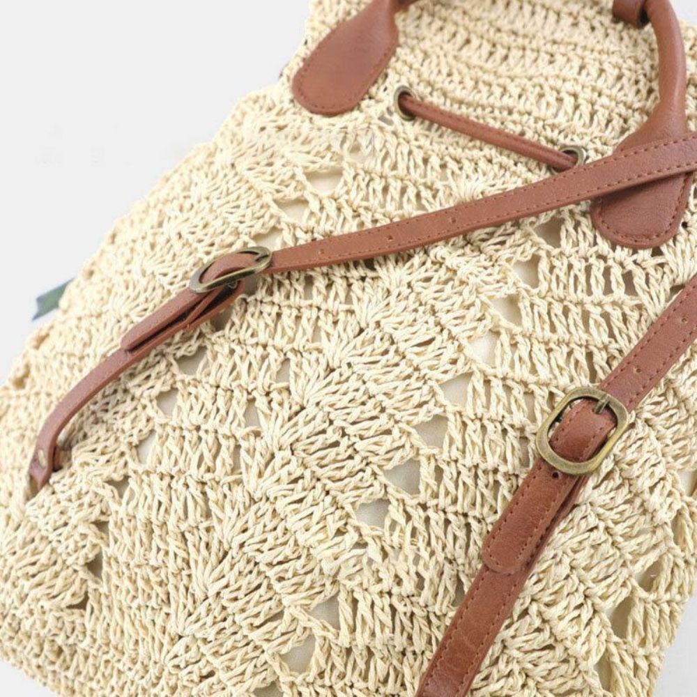 Frauen Mori Series String Straw Bag Dual-Use Woven Bag Retro Beach Bag Rucksack