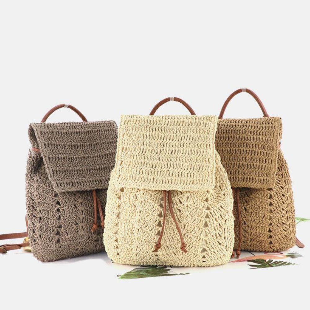 Frauen Mori Series String Straw Bag Dual-Use Woven Bag Retro Beach Bag Rucksack