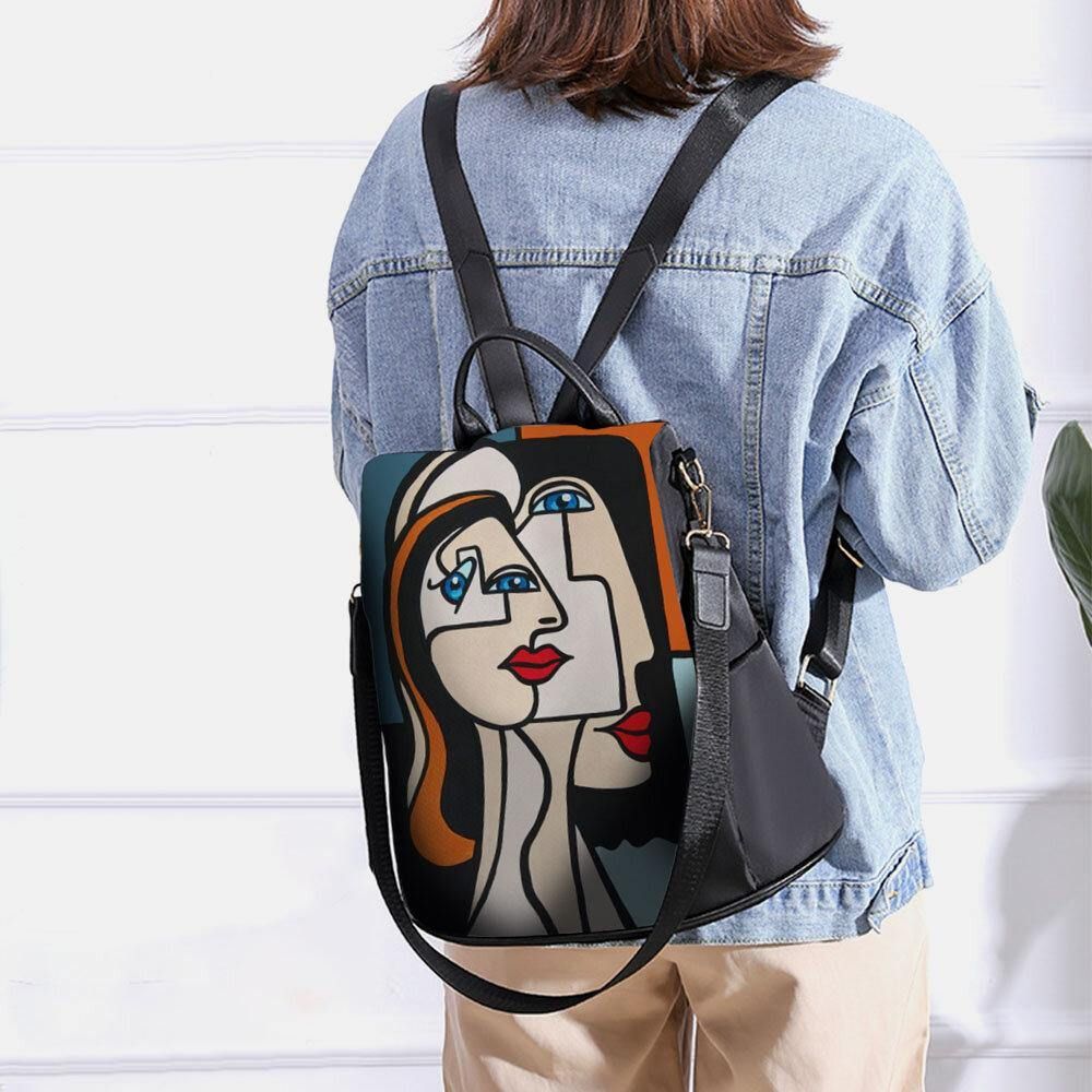 Frauen Nylon Cartoon Abstrakte Strichmännchen Muster Große Kapazität Umhängetaschen Rucksack