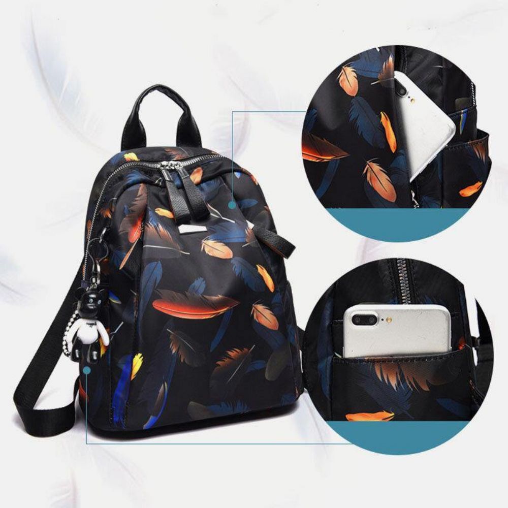 Frauen Oxford Schmetterling Feder Muster Große Kapazität Headset Loch Wasserdicht Anti-Diebstahl Casual Rucksack