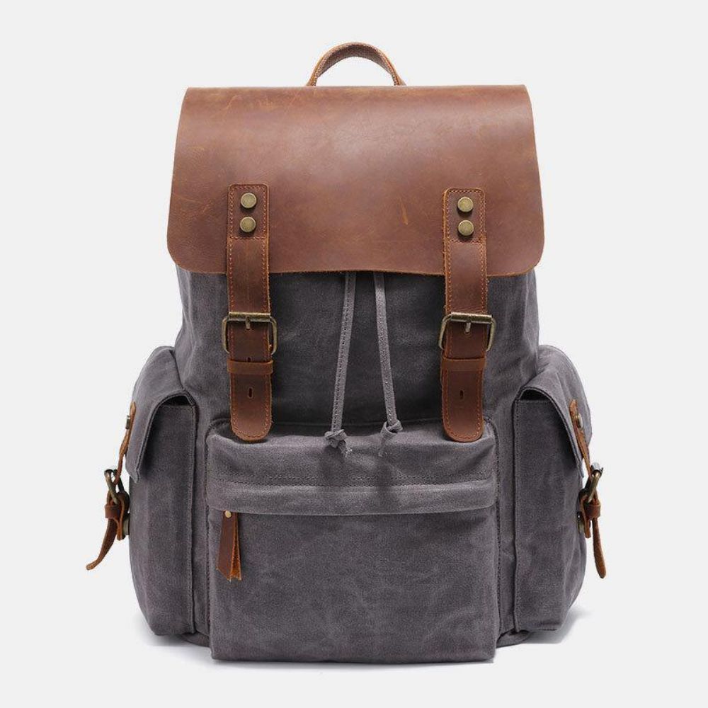 Herren Canvas Echtes Leder Rindsleder Retro Große Kapazität 14 Zoll Laptoptasche Wasserdichter Rucksack