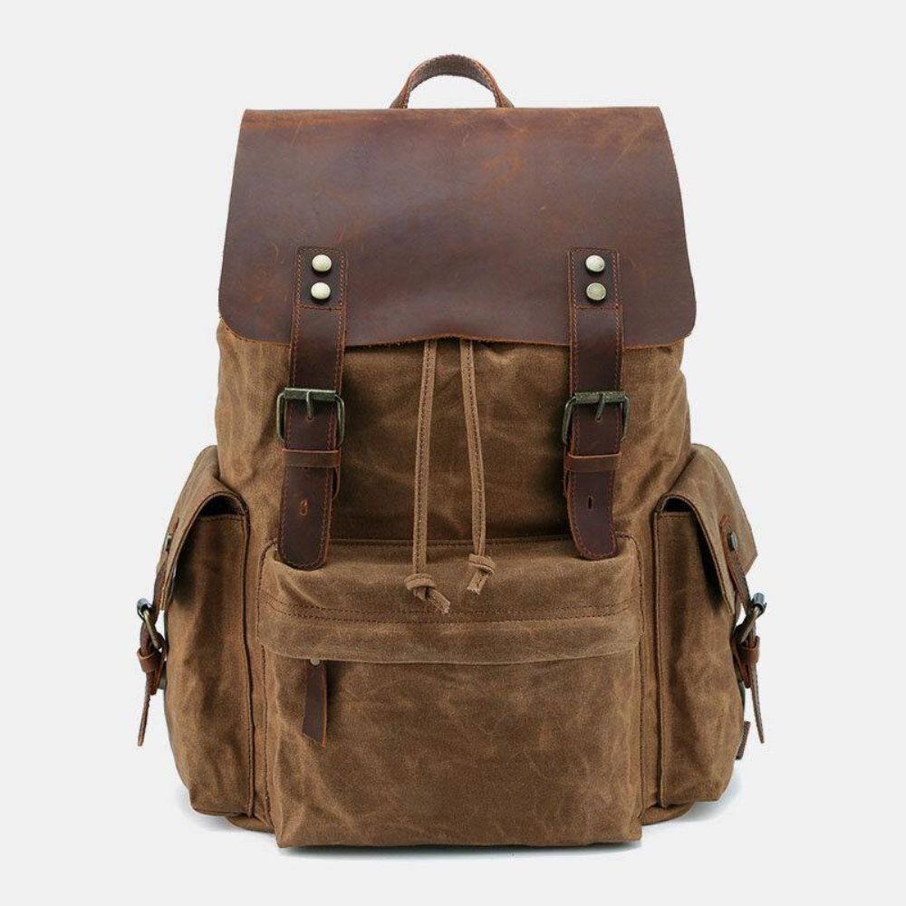 Herren Canvas Echtes Leder Rindsleder Retro Große Kapazität 14 Zoll Laptoptasche Wasserdichter Rucksack