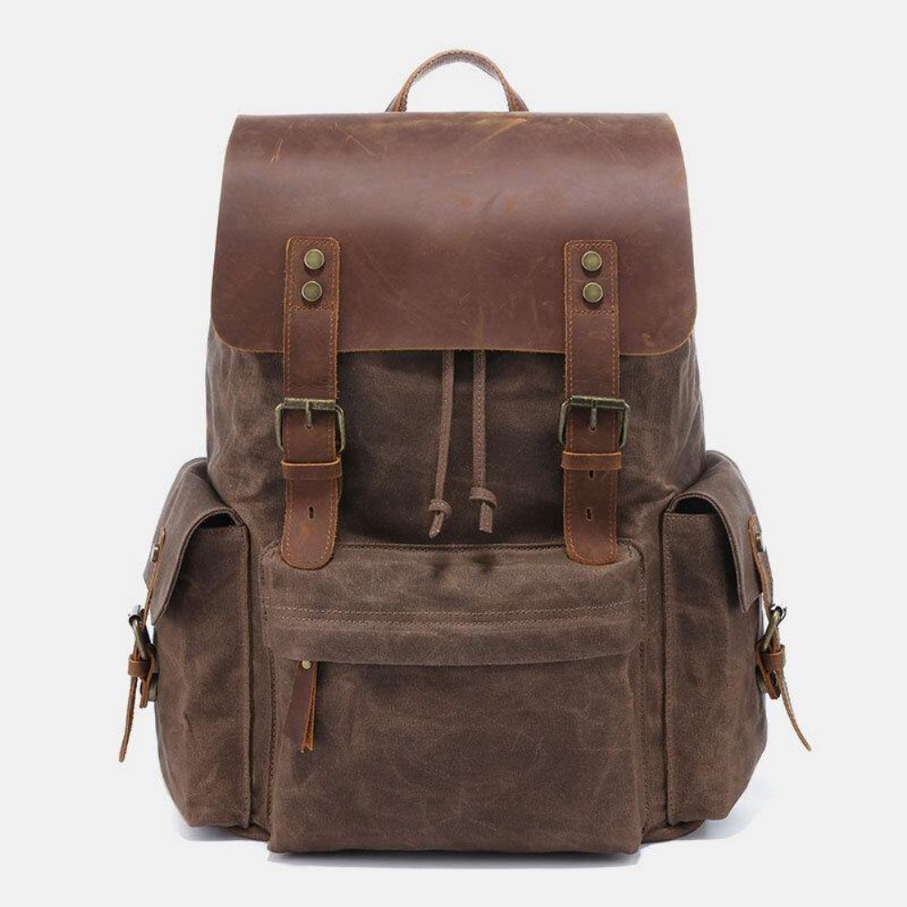 Herren Canvas Echtes Leder Rindsleder Retro Große Kapazität 14 Zoll Laptoptasche Wasserdichter Rucksack