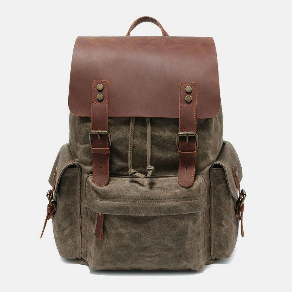 Herren Canvas Echtes Leder Rindsleder Retro Große Kapazität 14 Zoll Laptoptasche Wasserdichter Rucksack