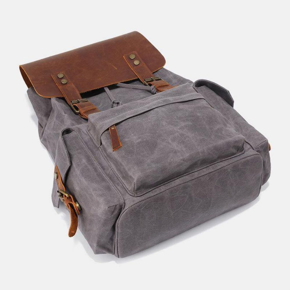 Herren Canvas Echtes Leder Rindsleder Retro Große Kapazität 14 Zoll Laptoptasche Wasserdichter Rucksack