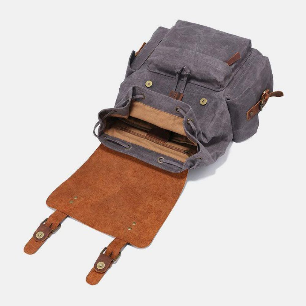 Herren Canvas Echtes Leder Rindsleder Retro Große Kapazität 14 Zoll Laptoptasche Wasserdichter Rucksack