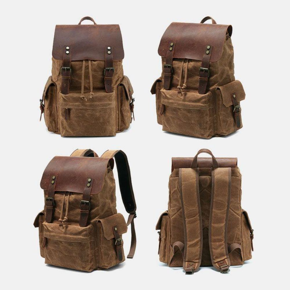 Herren Canvas Echtes Leder Rindsleder Retro Große Kapazität 14 Zoll Laptoptasche Wasserdichter Rucksack