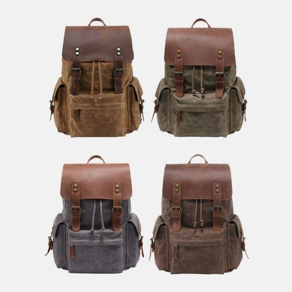 Herren Canvas Echtes Leder Rindsleder Retro Große Kapazität 14 Zoll Laptoptasche Wasserdichter Rucksack