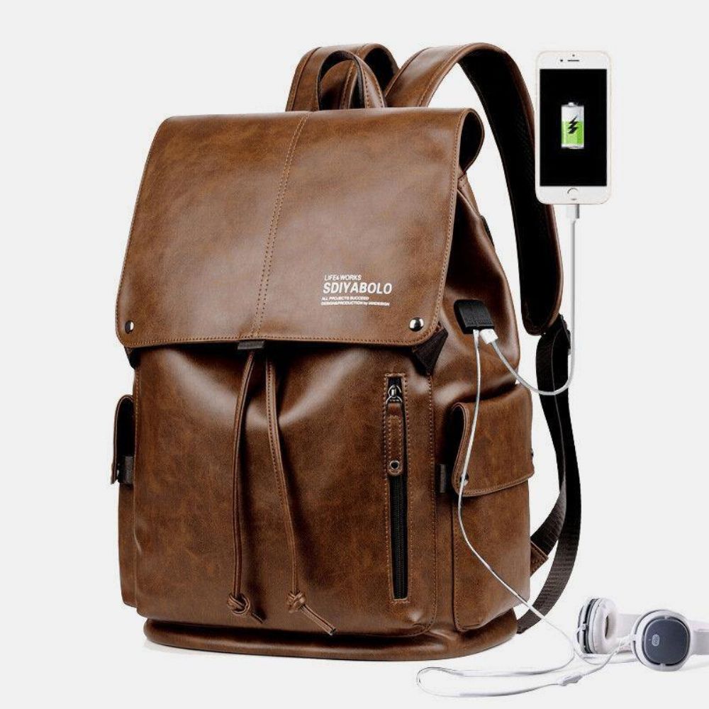 Herren Kunstleder Große Kapazität Wasserdicht 13.3 Zoll Laptoptasche Reisetasche Rucksack Mit Usb-Aufladung