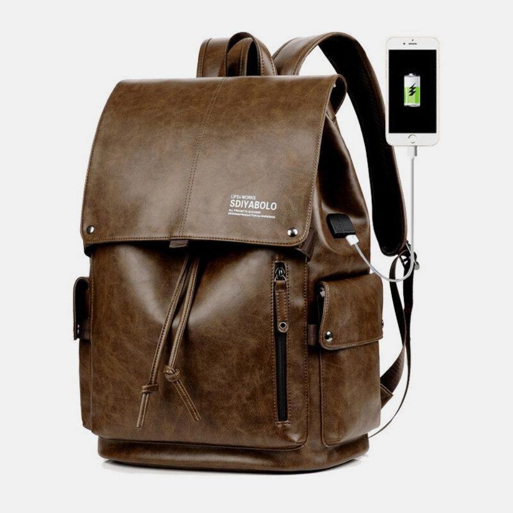 Herren Kunstleder Große Kapazität Wasserdicht 13.3 Zoll Laptoptasche Reisetasche Rucksack Mit Usb-Aufladung