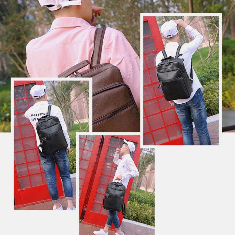 Herren-Kunstleder-Multi-Pocket-Wasserdichter Business-Outdoor-Verschleißfester 14-Zoll-Laptop-Rucksack