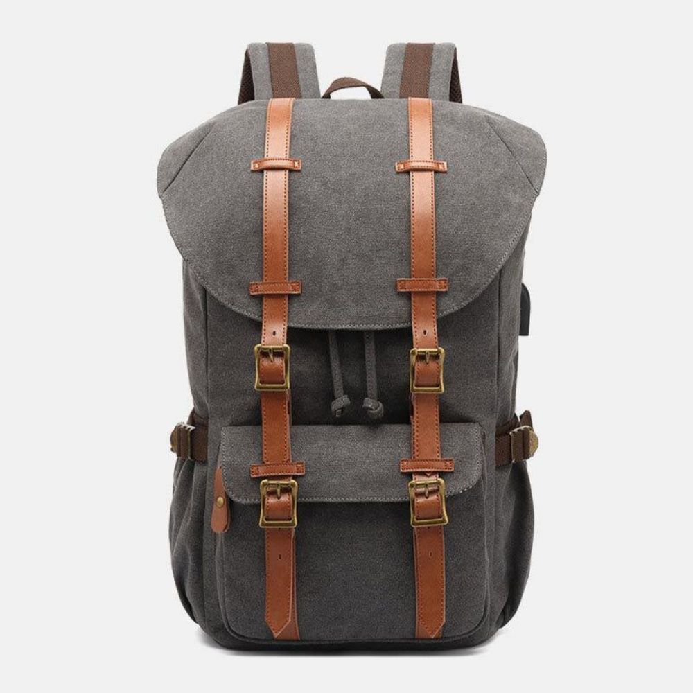 Herren-Rucksack Aus Echtem Leder Und Segeltuch Usb-Aufladung Retro-Reisen Im Freien Mit Großer Kapazität