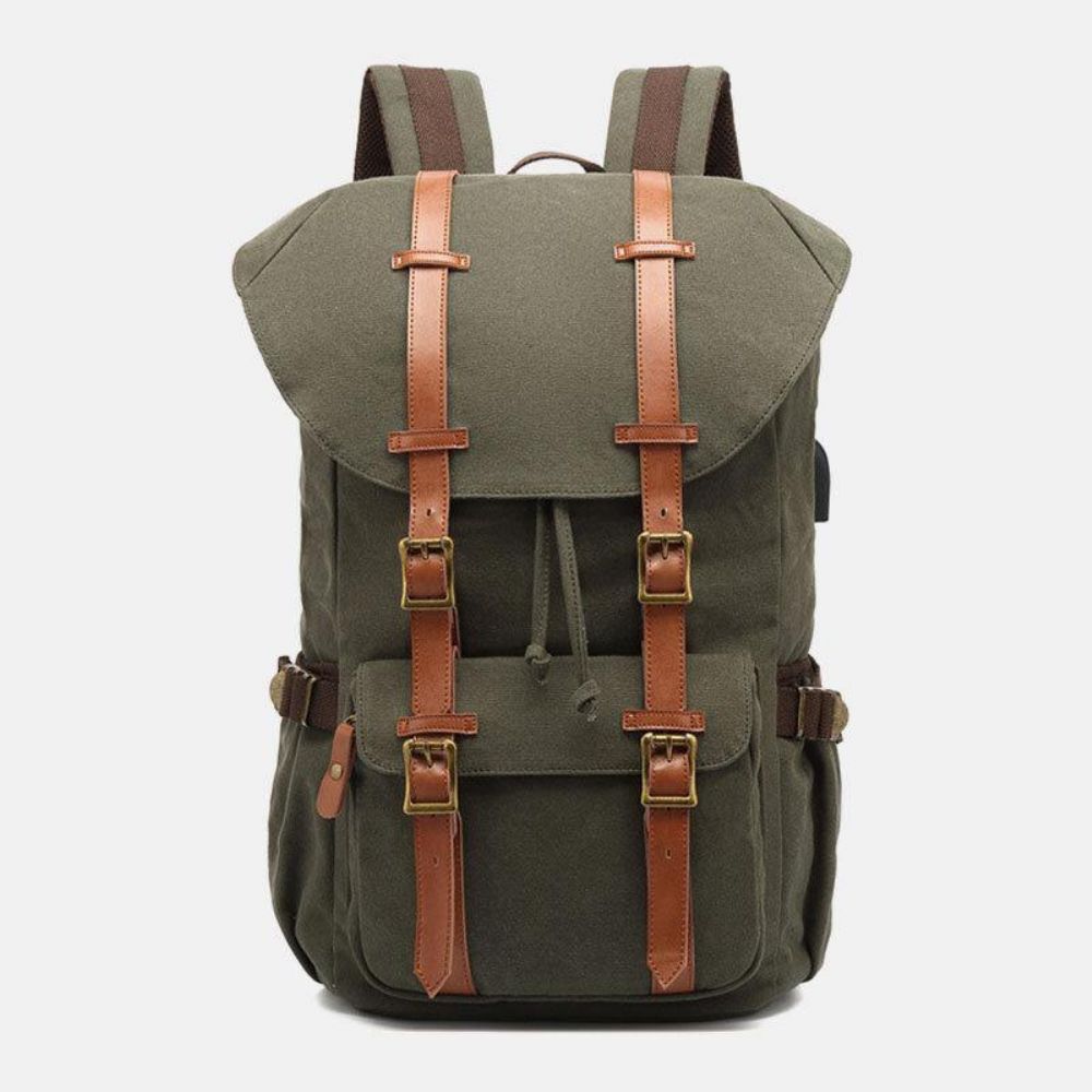 Herren-Rucksack Aus Echtem Leder Und Segeltuch Usb-Aufladung Retro-Reisen Im Freien Mit Großer Kapazität