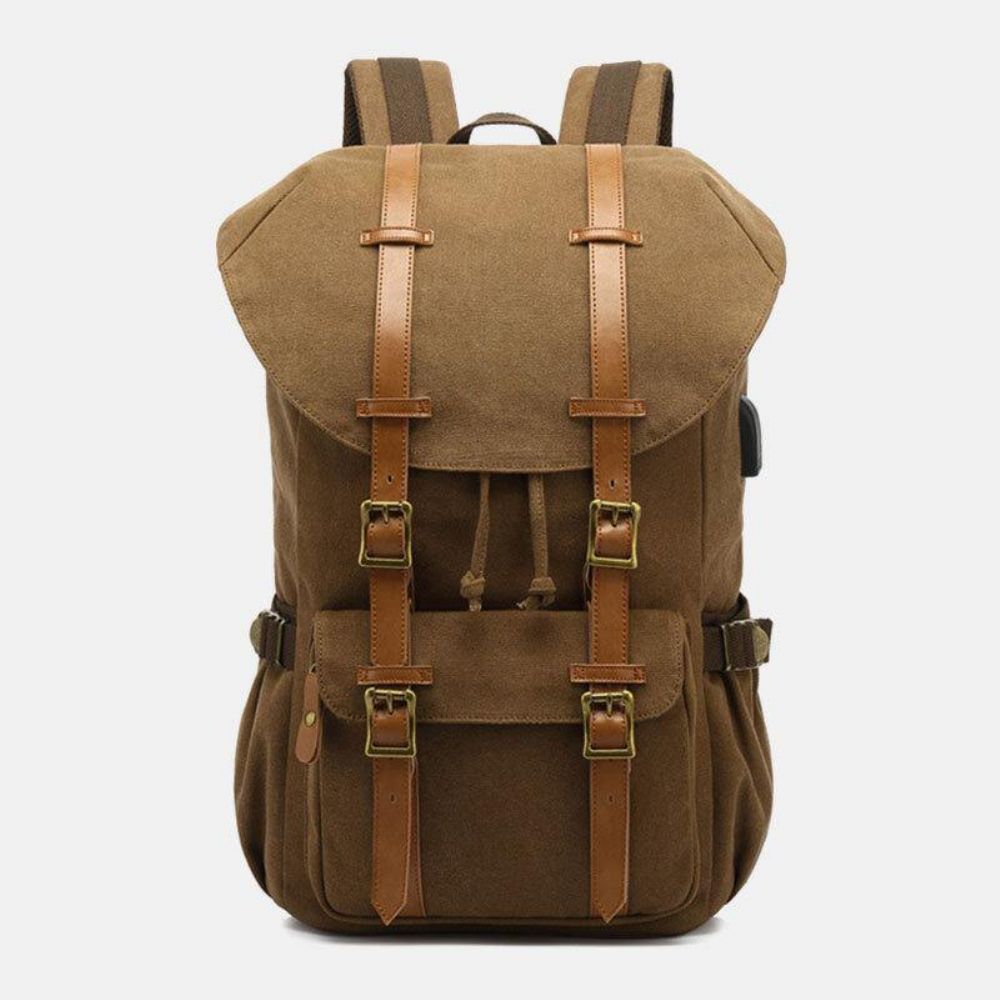 Herren-Rucksack Aus Echtem Leder Und Segeltuch Usb-Aufladung Retro-Reisen Im Freien Mit Großer Kapazität