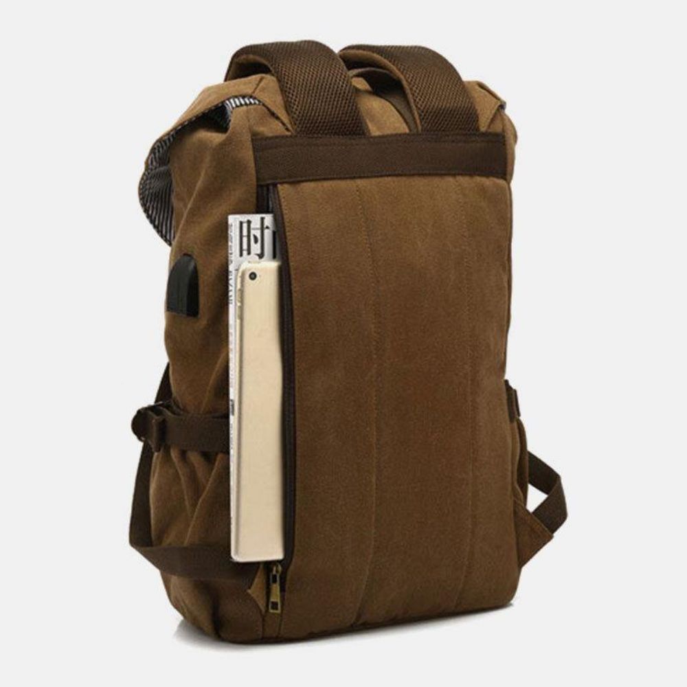 Herren-Rucksack Aus Echtem Leder Und Segeltuch Usb-Aufladung Retro-Reisen Im Freien Mit Großer Kapazität