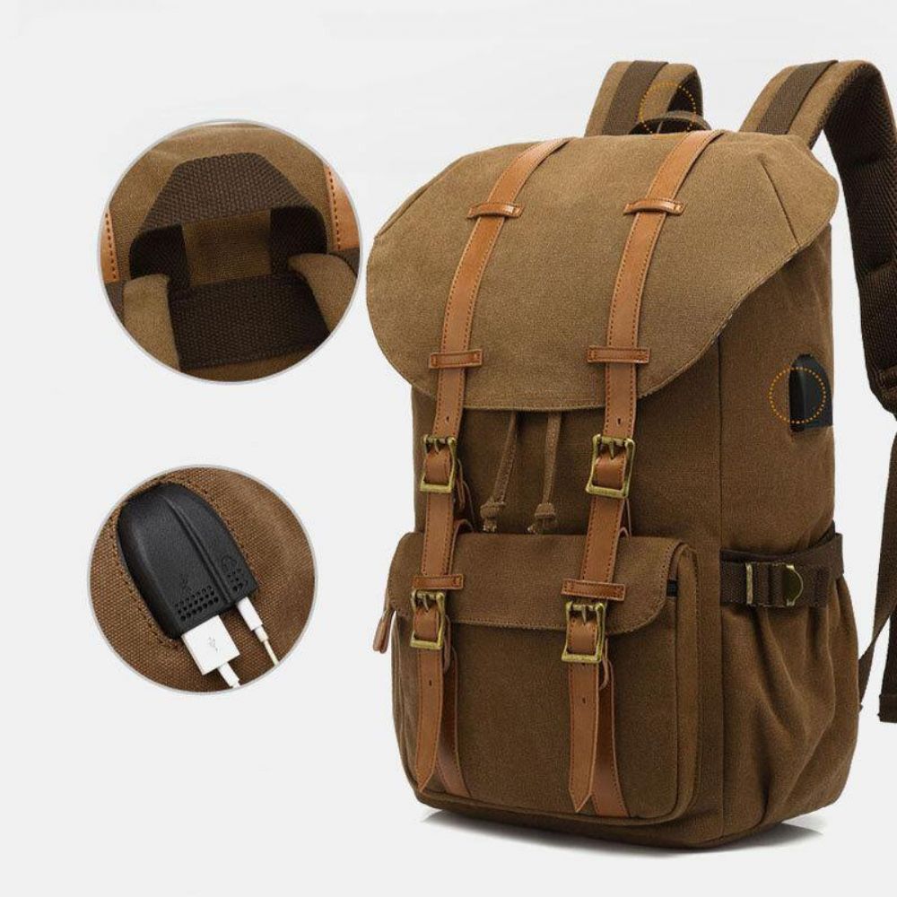 Herren-Rucksack Aus Echtem Leder Und Segeltuch Usb-Aufladung Retro-Reisen Im Freien Mit Großer Kapazität