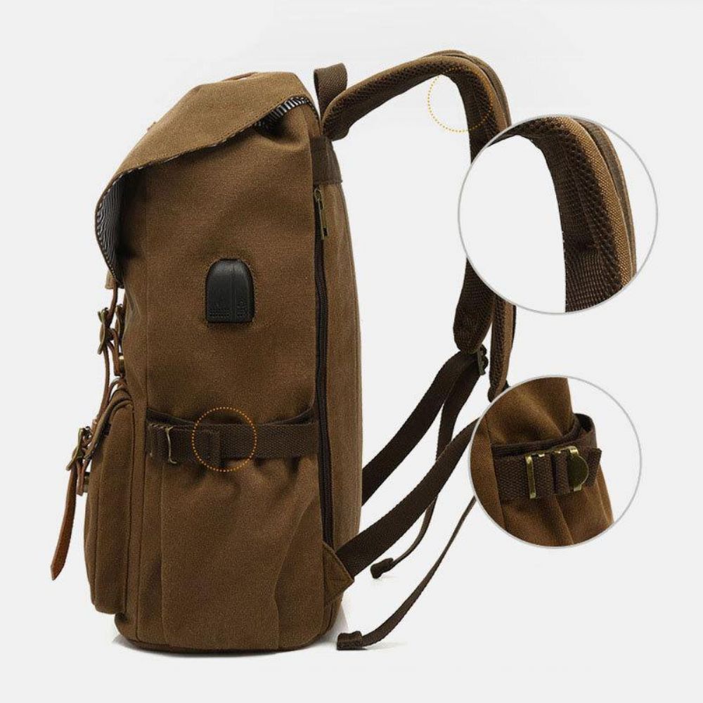 Herren-Rucksack Aus Echtem Leder Und Segeltuch Usb-Aufladung Retro-Reisen Im Freien Mit Großer Kapazität