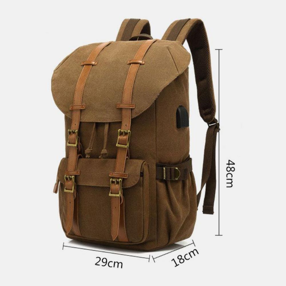 Herren-Rucksack Aus Echtem Leder Und Segeltuch Usb-Aufladung Retro-Reisen Im Freien Mit Großer Kapazität