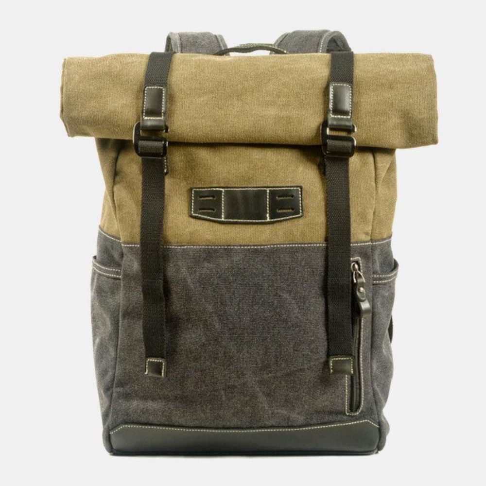 Männer Echtes Leder Rindsleder Und Canvas Patchwork Outdoor Wasserdicht Anti-Diebstahl Wandern 14 Zoll Laptop Rucksack