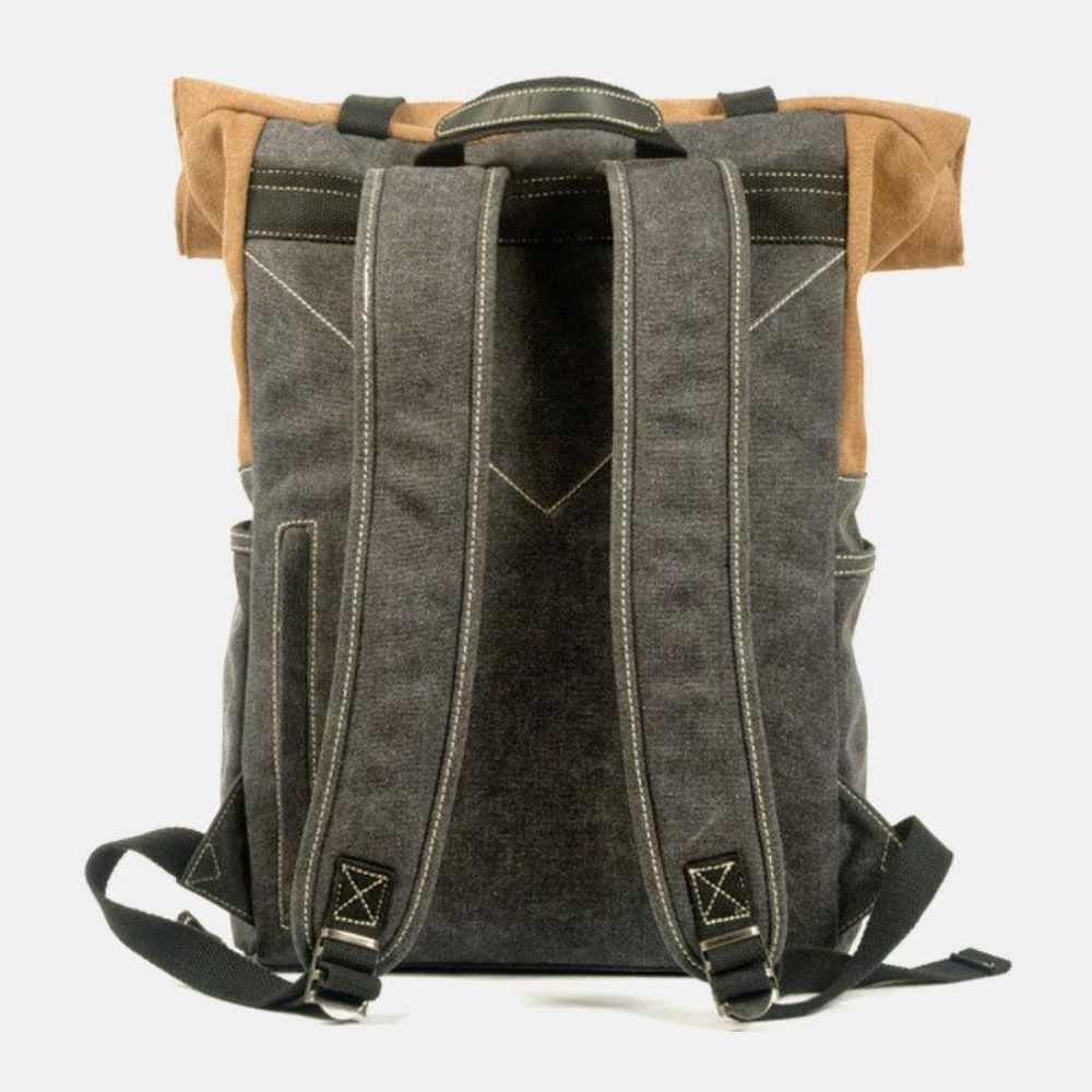 Männer Echtes Leder Rindsleder Und Canvas Patchwork Outdoor Wasserdicht Anti-Diebstahl Wandern 14 Zoll Laptop Rucksack