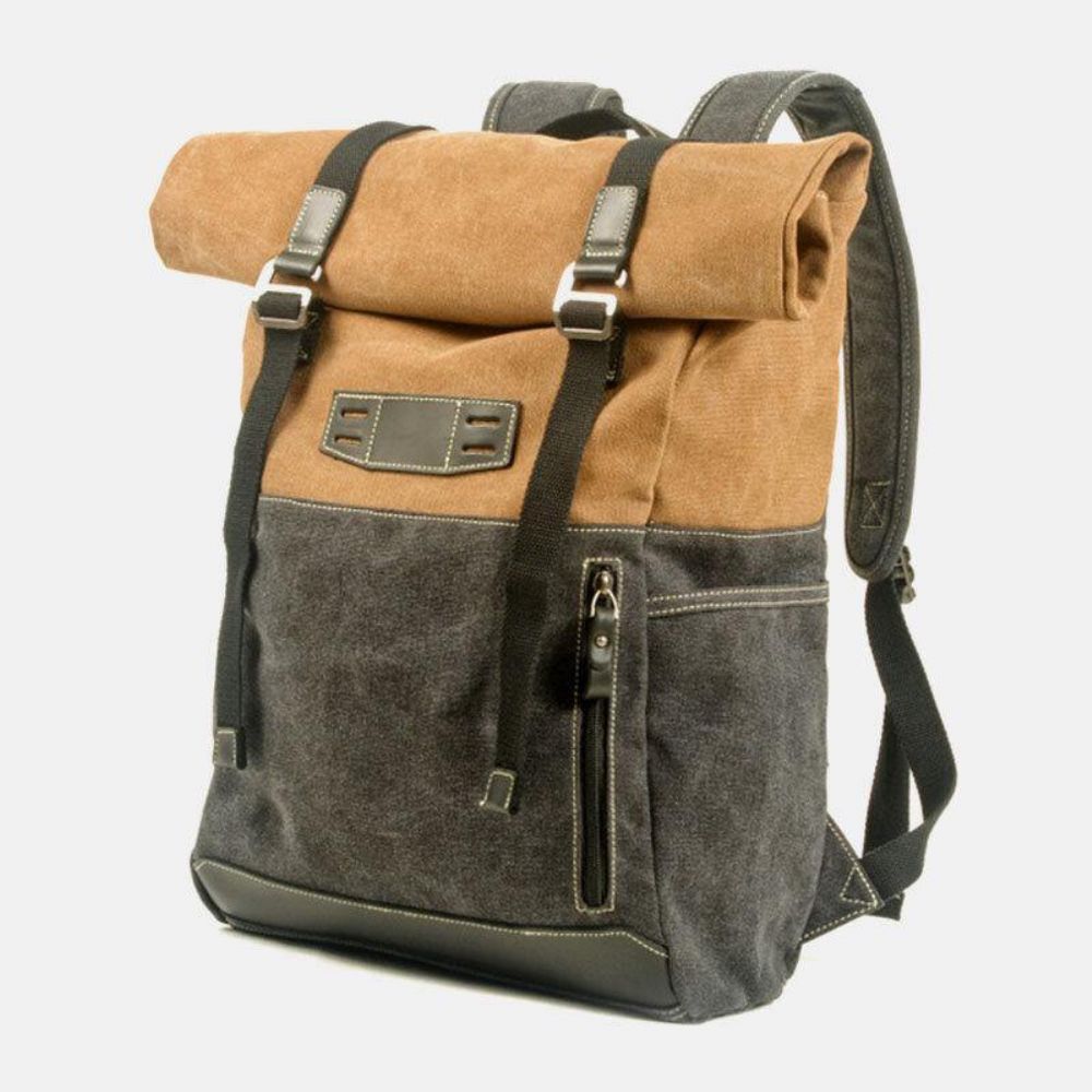 Männer Echtes Leder Rindsleder Und Canvas Patchwork Outdoor Wasserdicht Anti-Diebstahl Wandern 14 Zoll Laptop Rucksack