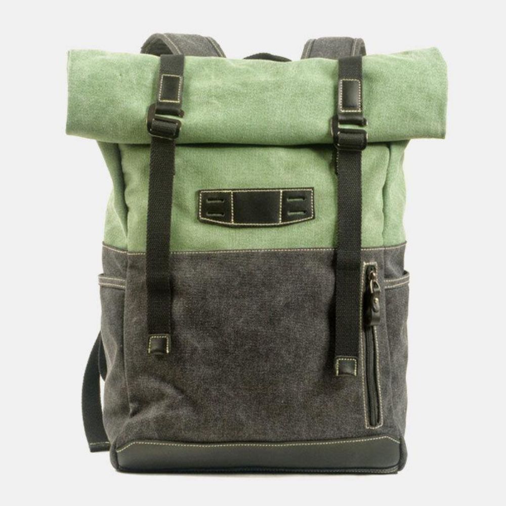 Männer Echtes Leder Rindsleder Und Canvas Patchwork Outdoor Wasserdicht Anti-Diebstahl Wandern 14 Zoll Laptop Rucksack