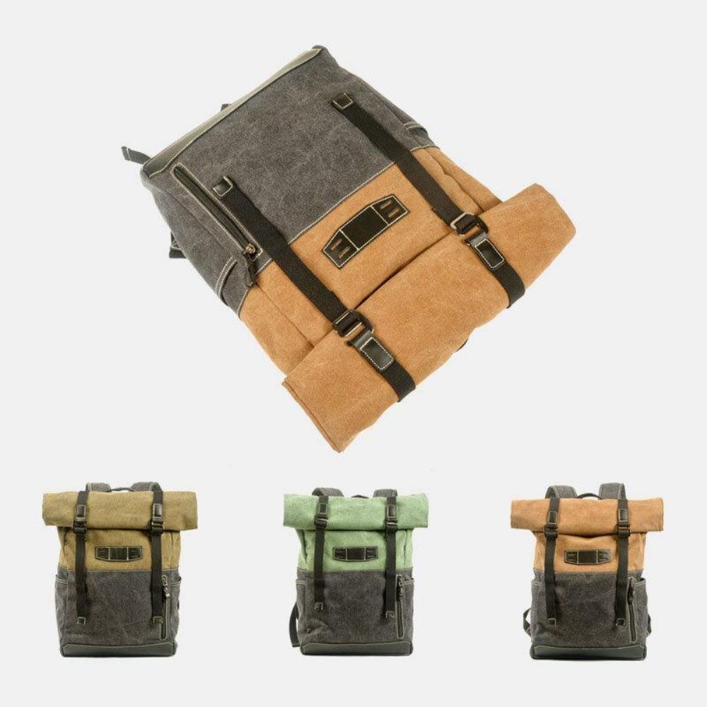 Männer Echtes Leder Rindsleder Und Canvas Patchwork Outdoor Wasserdicht Anti-Diebstahl Wandern 14 Zoll Laptop Rucksack