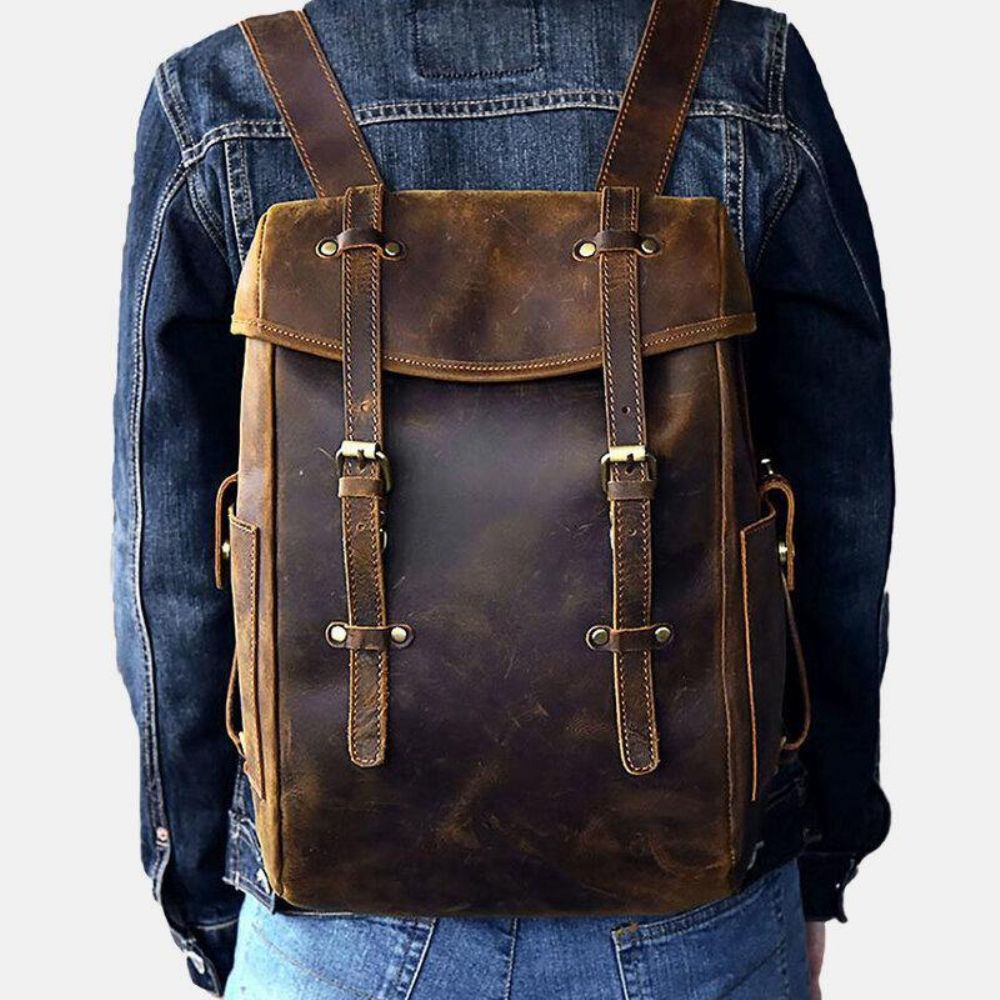 Männer Pu Leder Kontrastfarbe Vintage Business Outdoor Große Kapazität 14 Zoll Laptoptasche Rucksack