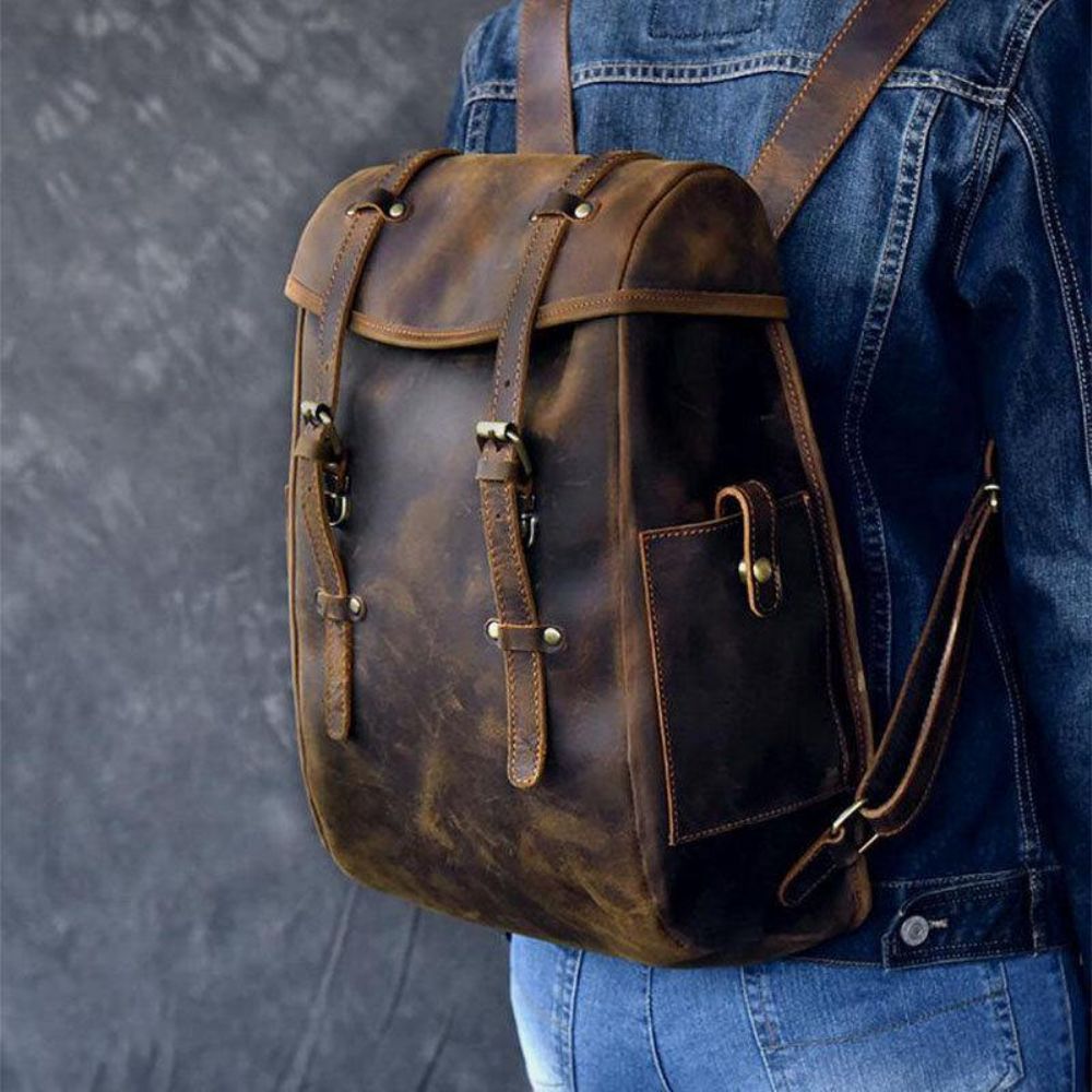 Männer Pu Leder Kontrastfarbe Vintage Business Outdoor Große Kapazität 14 Zoll Laptoptasche Rucksack