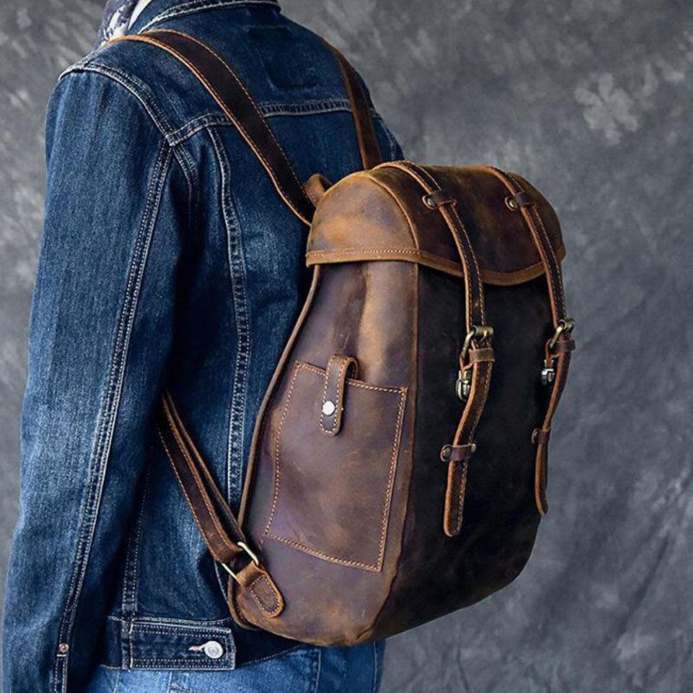 Männer Pu Leder Kontrastfarbe Vintage Business Outdoor Große Kapazität 14 Zoll Laptoptasche Rucksack