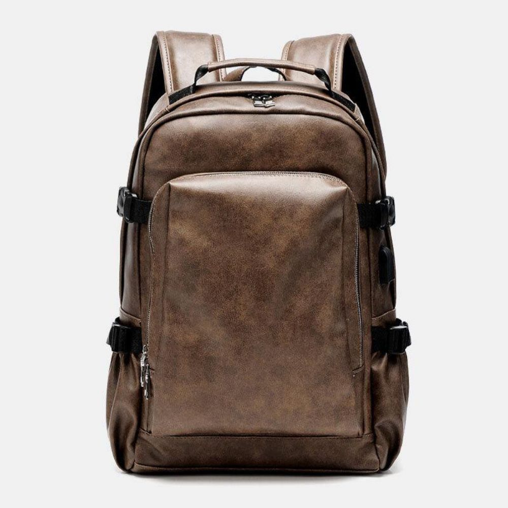 Männer Pu Leder Usb Lade Business Casual Wasserdicht 14 Zoll Laptop Tasche Student Schultasche Verstellbarer Rucksack