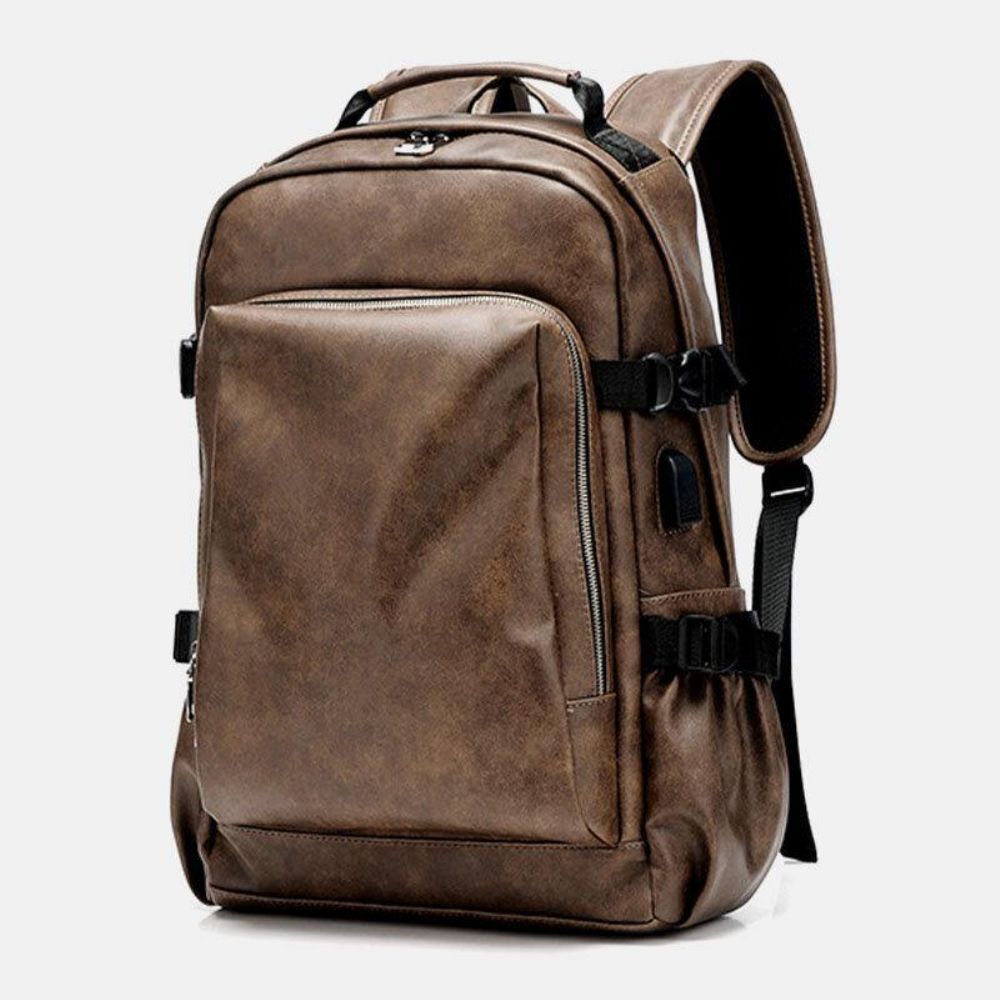 Männer Pu Leder Usb Lade Business Casual Wasserdicht 14 Zoll Laptop Tasche Student Schultasche Verstellbarer Rucksack