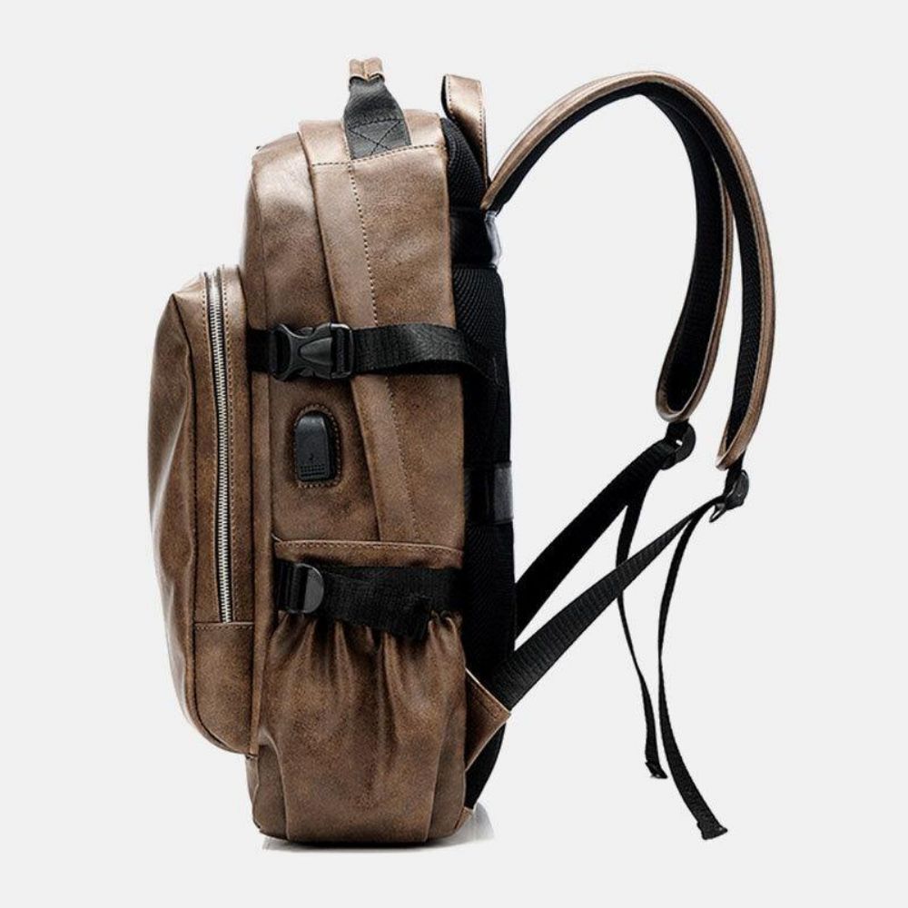 Männer Pu Leder Usb Lade Business Casual Wasserdicht 14 Zoll Laptop Tasche Student Schultasche Verstellbarer Rucksack