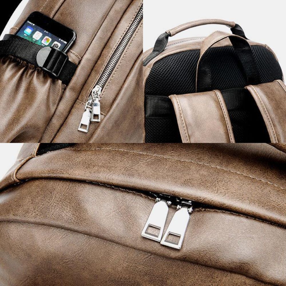 Männer Pu Leder Usb Lade Business Casual Wasserdicht 14 Zoll Laptop Tasche Student Schultasche Verstellbarer Rucksack