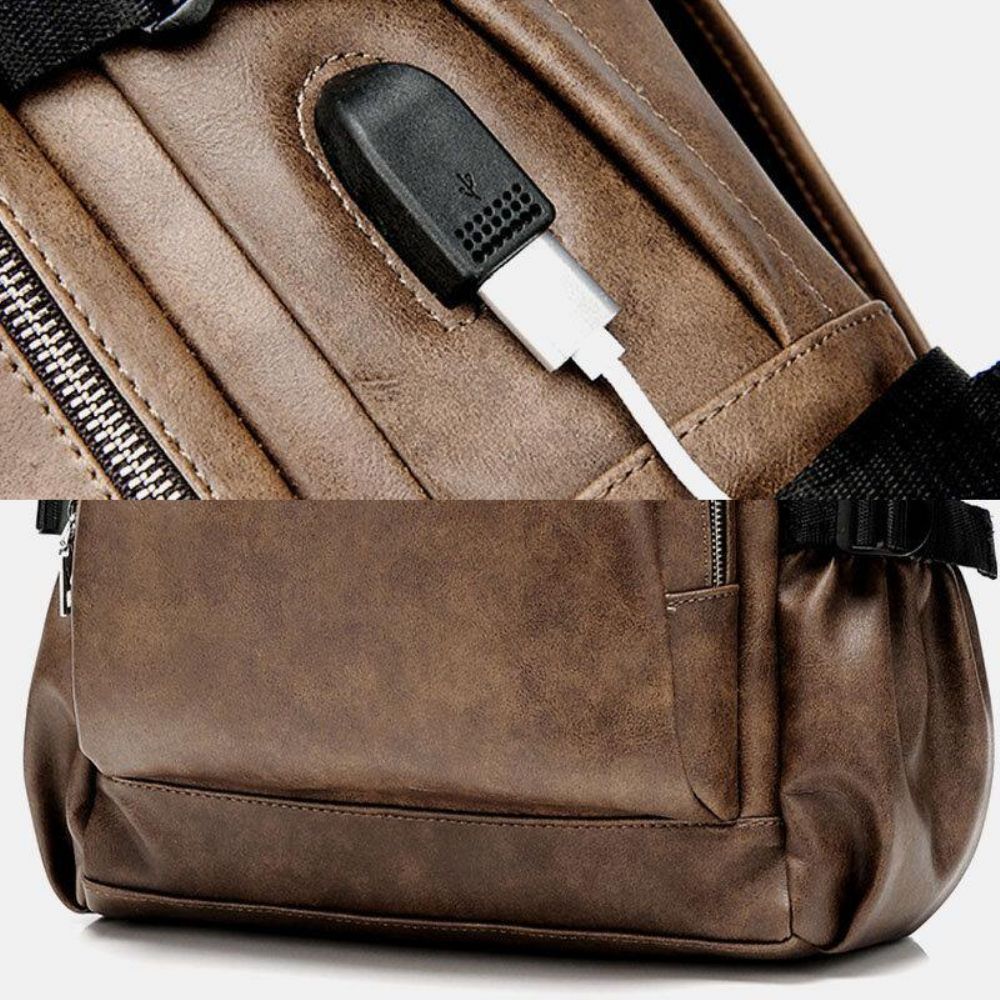 Männer Pu Leder Usb Lade Business Casual Wasserdicht 14 Zoll Laptop Tasche Student Schultasche Verstellbarer Rucksack