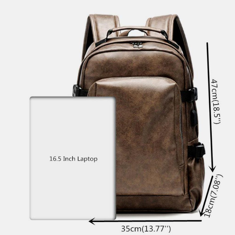 Männer Pu Leder Usb Lade Business Casual Wasserdicht 14 Zoll Laptop Tasche Student Schultasche Verstellbarer Rucksack