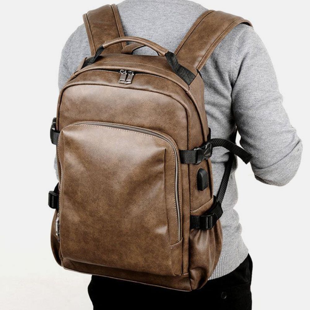 Männer Pu Leder Usb Lade Business Casual Wasserdicht 14 Zoll Laptop Tasche Student Schultasche Verstellbarer Rucksack