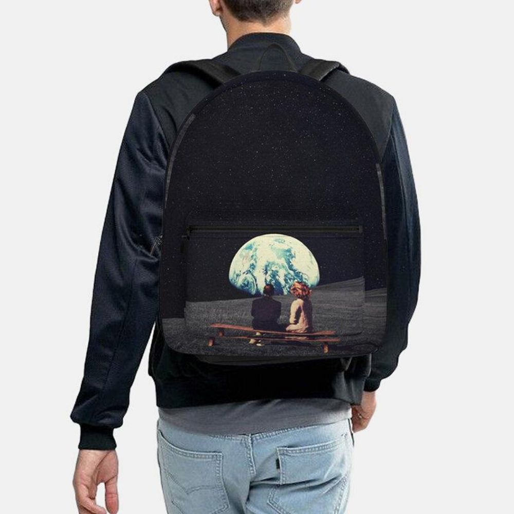 Unisex-Oxford-Umweltschutz-Weltraum-Planeten-Erde-Und-Mond-Druck-Schultaschen-Rucksack