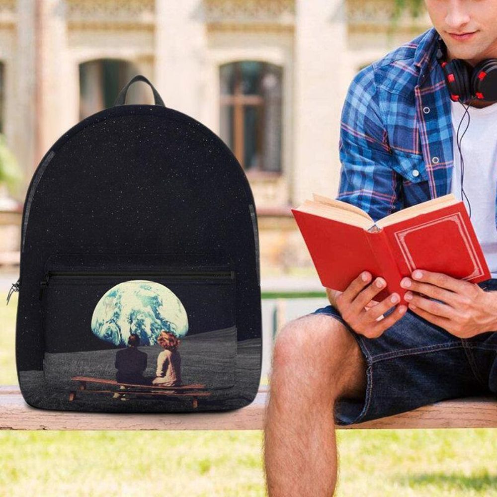 Unisex-Oxford-Umweltschutz-Weltraum-Planeten-Erde-Und-Mond-Druck-Schultaschen-Rucksack