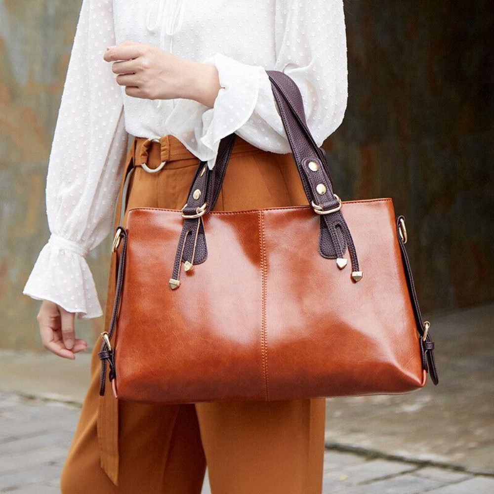 Damen Kunstleder Retro Lychee Muster Große Kapazität Handtasche Umhängetasche Umhängetasche Tragetasche