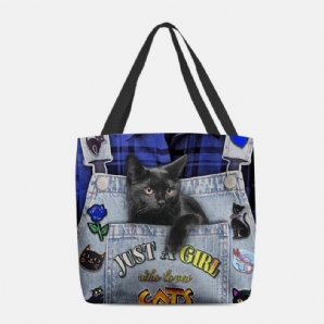 Damen Leinwand Dreidimensionale 3D Niedliche Schwarze Katze Handtasche Tote Umhängetasche