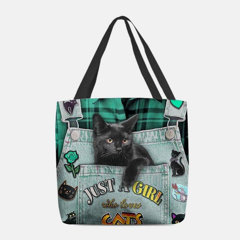 Damen Leinwand Dreidimensionale 3D Niedliche Schwarze Katze Handtasche Tote Umhängetasche