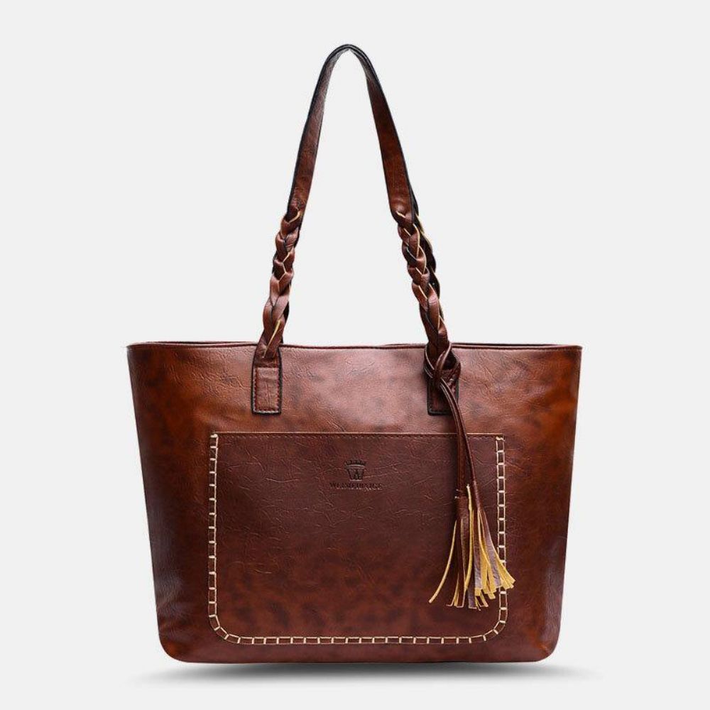 Damen Quaste Dekoration Tote Große Kapazität Woven Griff Handtaschen Umhängetasche