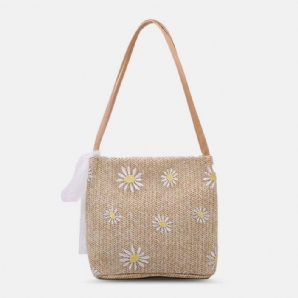 Damen Stroh Spitze Gänseblümchen Sonnenblume Muster Druck Große Kapazität Umhängetasche Handtasche