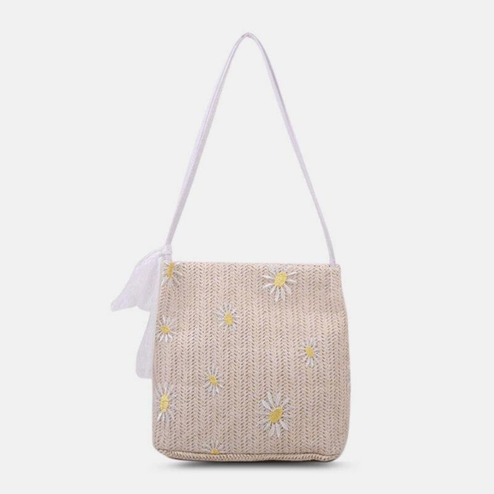 Damen Stroh Spitze Gänseblümchen Sonnenblume Muster Druck Große Kapazität Umhängetasche Handtasche