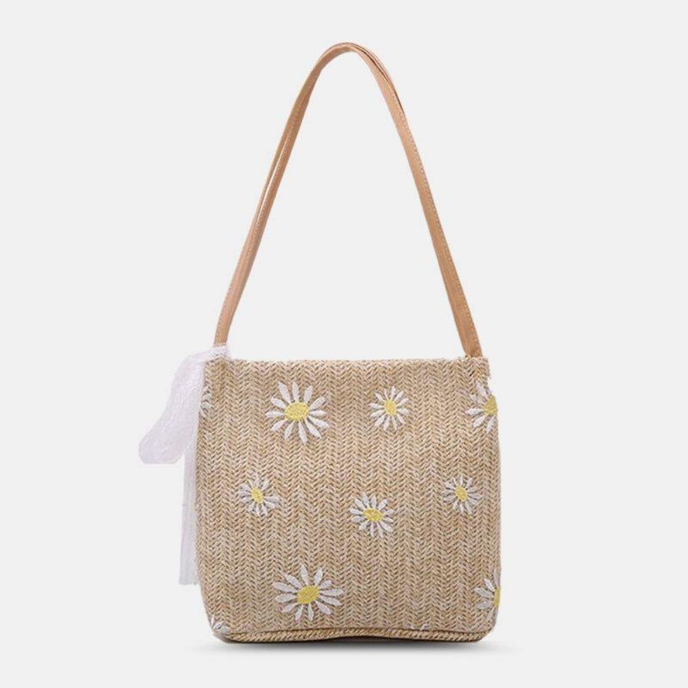 Damen Stroh Spitze Gänseblümchen Sonnenblume Muster Druck Große Kapazität Umhängetasche Handtasche