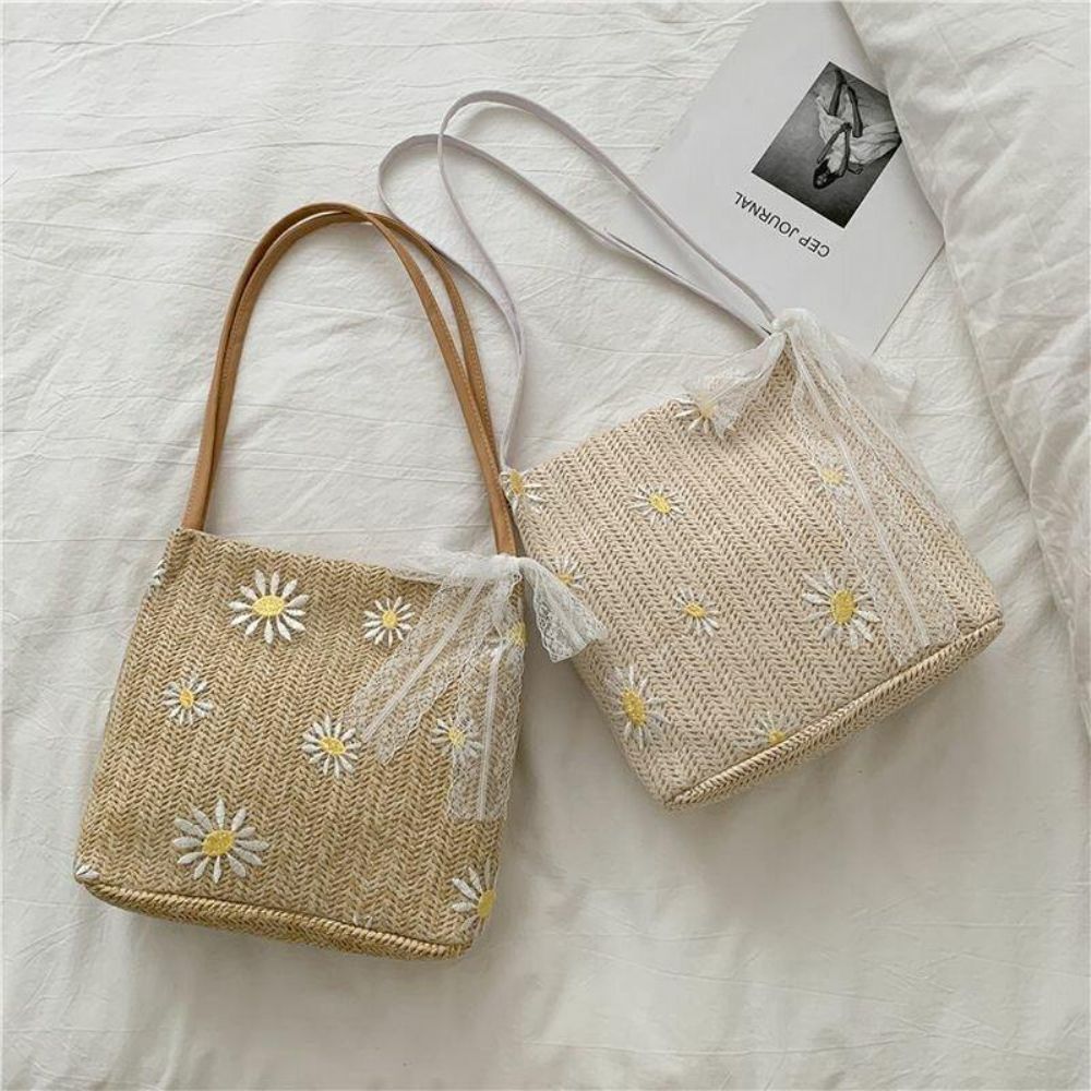 Damen Stroh Spitze Gänseblümchen Sonnenblume Muster Druck Große Kapazität Umhängetasche Handtasche