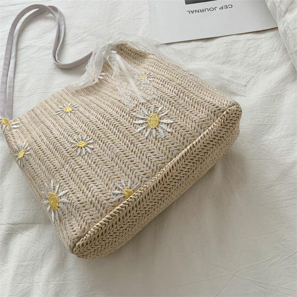 Damen Stroh Spitze Gänseblümchen Sonnenblume Muster Druck Große Kapazität Umhängetasche Handtasche