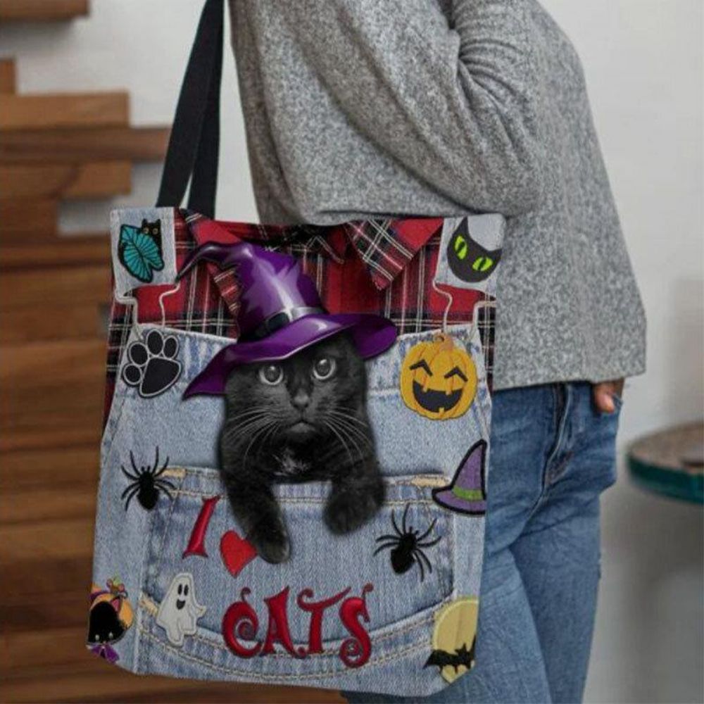 Frauen Canvas Magic Hüte Dreidimensionale 3D-Nette Schwarze Katze Handtasche Tote Umhängetasche