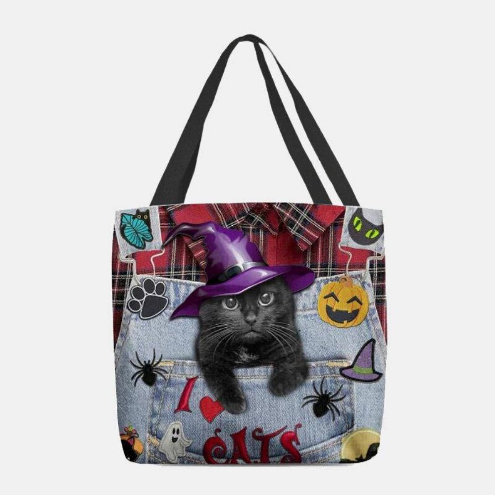 Frauen Canvas Magic Hüte Dreidimensionale 3D-Nette Schwarze Katze Handtasche Tote Umhängetasche